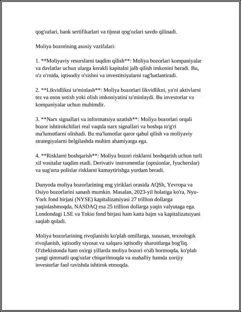 Moliya Bozorining IQTISODIYOTDAGI ROʻLI VA VAZIFALARI 4