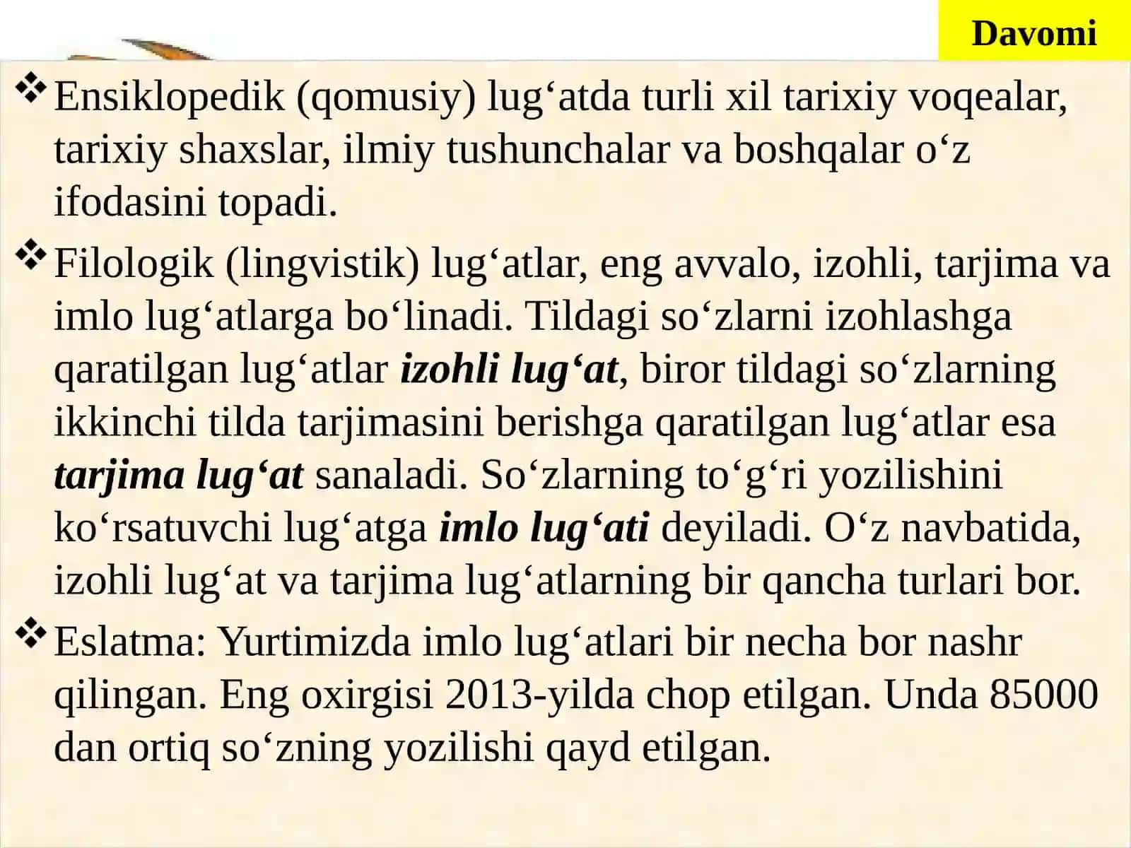 “Karkassiz va karkasli bino hamda uning elementlariga qo‘yiladigan asosiy texnik talablar” matni. O‘zbek terminologiyasining taraqqiyot bosqichlari. Me’morchilik va qurilish terminlarining yuzaga kelish tarixi. Tilning lug‘at tarkibi. Umumiy va maxsus lug‘atlar Akademik, ommabop va o‘quv lug‘atlari.Jismoniytarbiyavasportsohasigaoidlug‘atlarterminlari.Tezaurushaqidama’lumot 4