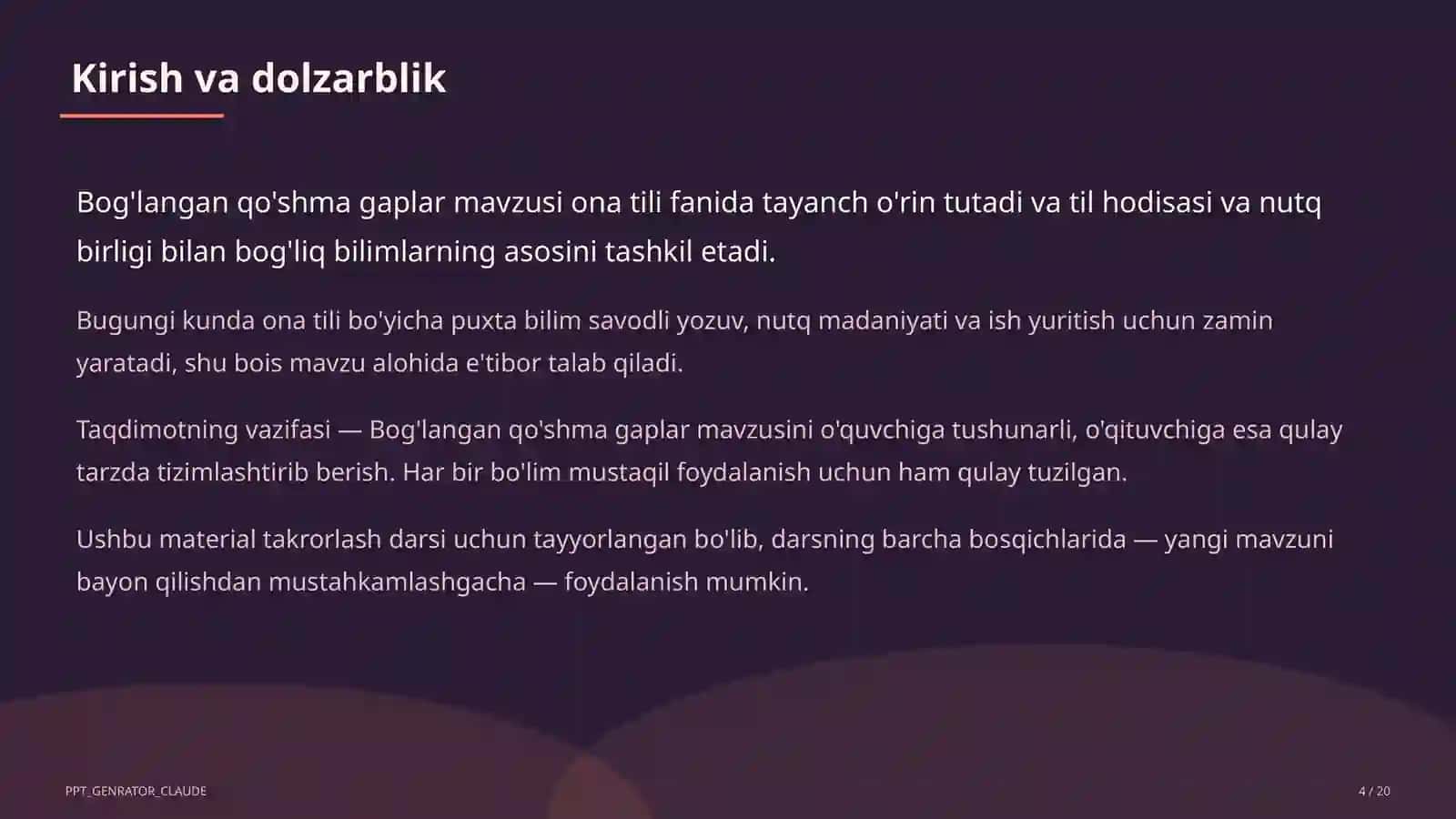 Bog'langan qo'shma gaplar (9-sinf) Ona tili (5–11) — takrorlash darsi uchun 4