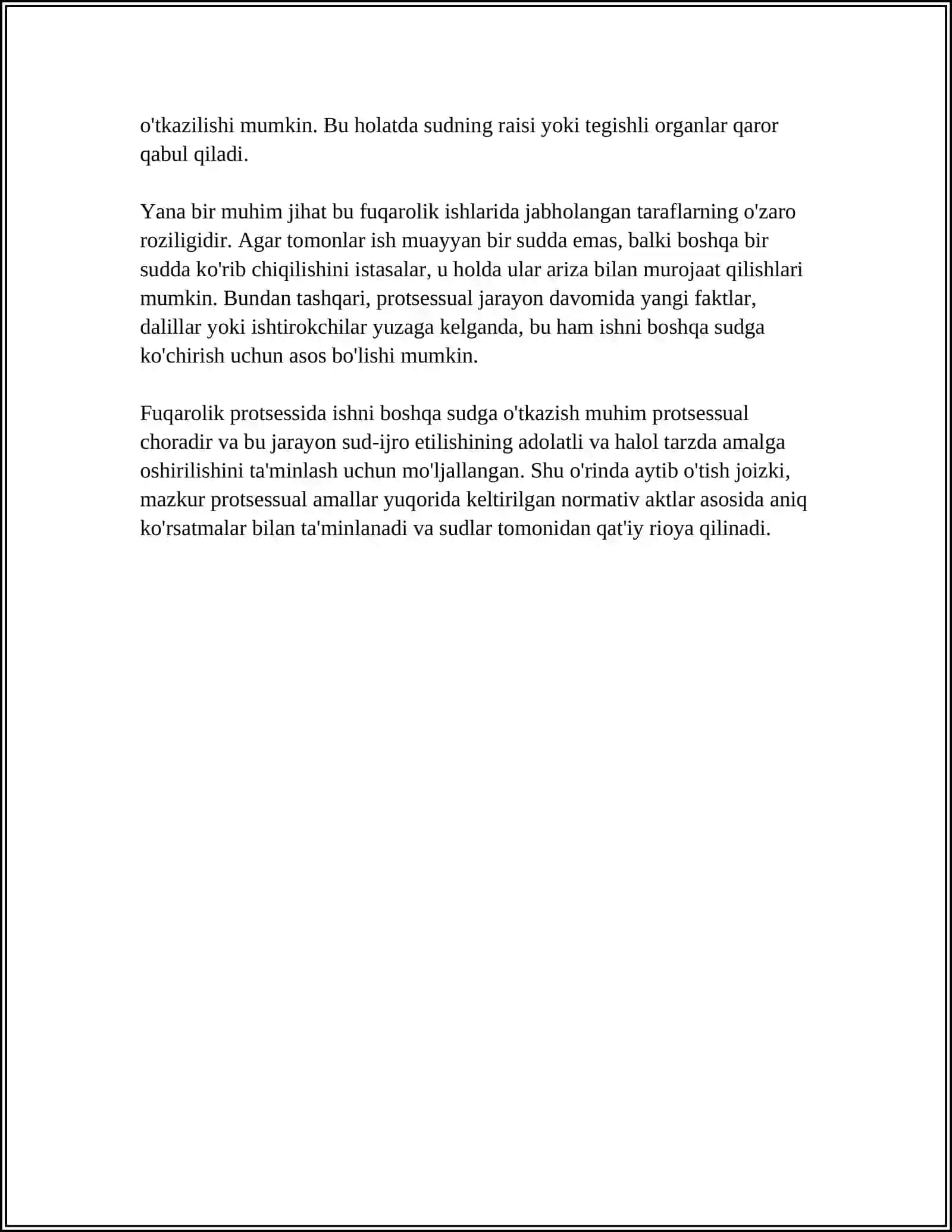 FUQAROLIK PROTSESSIDA ISHI BIR SUDDAN BOSHQASIGA OʻTKAZISH TARTIBI; UNGA DOIR NORMATIV HUJJATLAR VA XORIJ TAJRIBASI HAM BOʻLSIN 4
