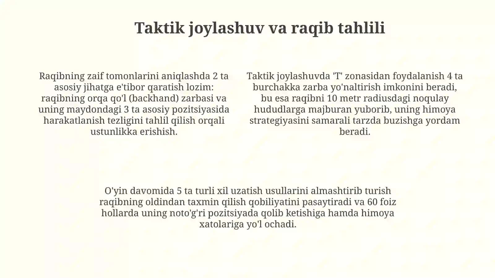 Badminton sport turida davolanni oʻyinga kiritish taktikasini takomillashtirish 4
