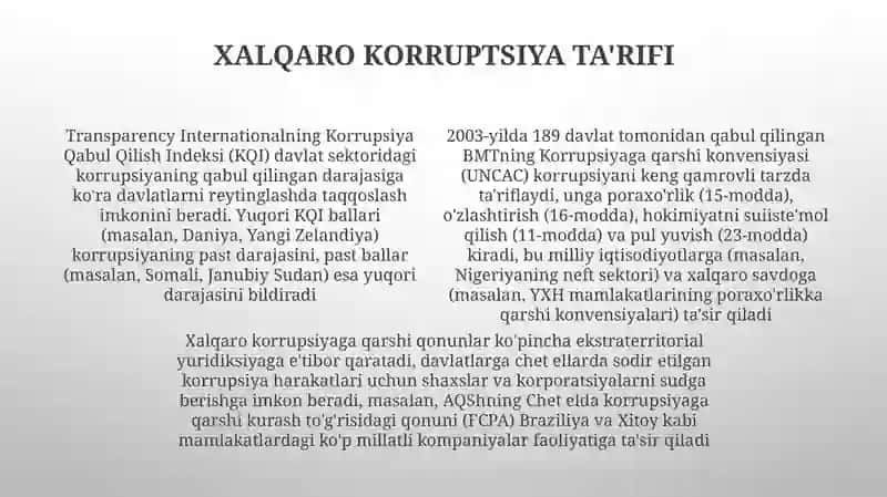 Korrupsiyaga qarshi kurash boʻyicha xalqaro qonunlar 4