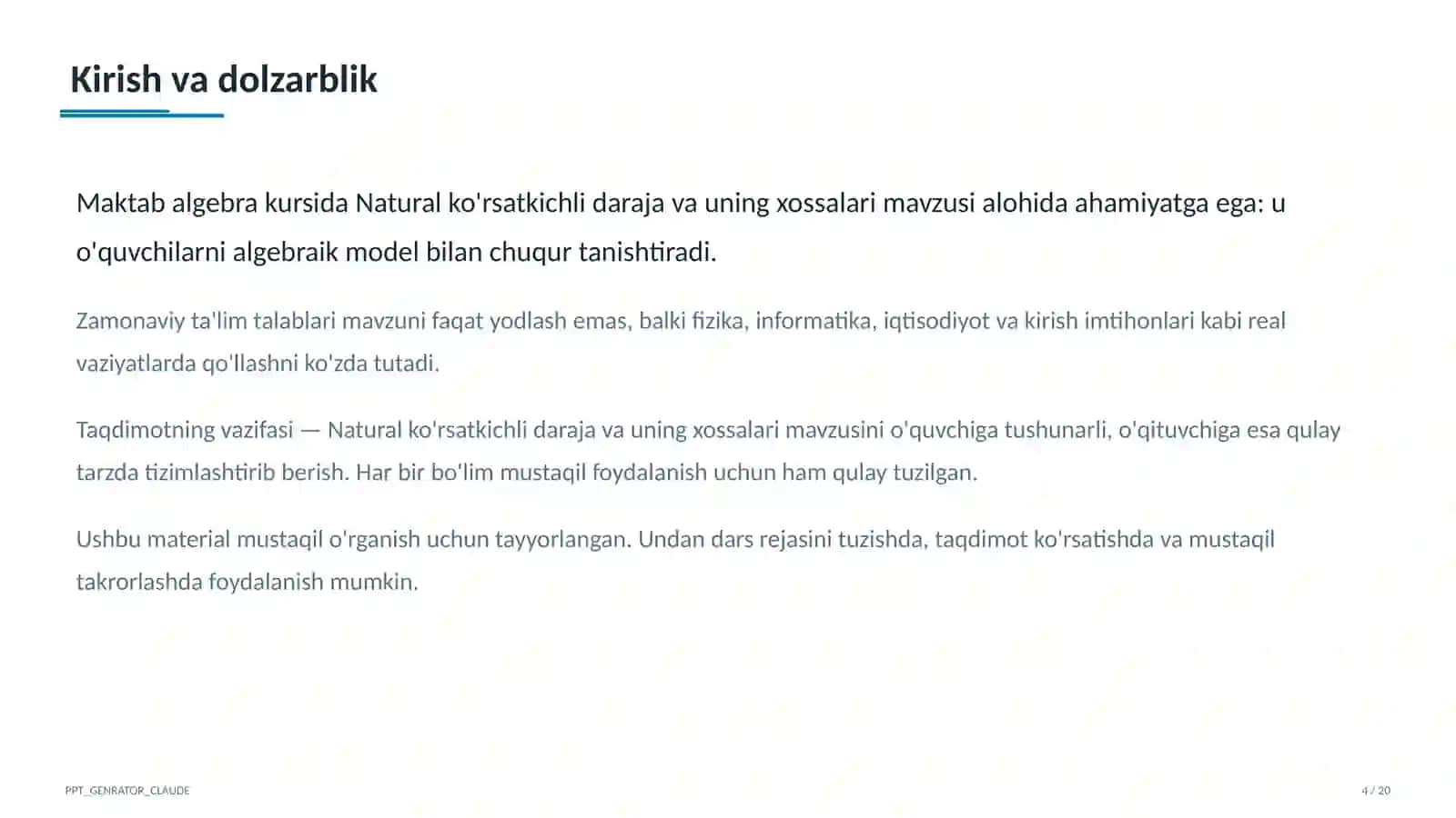 Natural ko'rsatkichli daraja va uning xossalari (7-sinf) 4