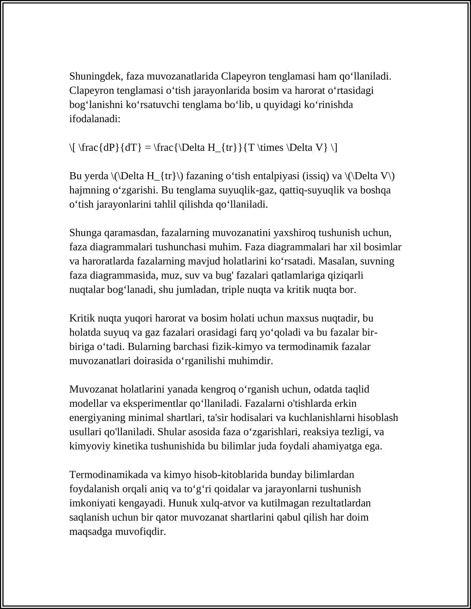 FАZАLАRNING MUVОZАNАTDА BO‘LISH SHАRTI. FАZАLАR DIАGRАMMАLАRI. KLАPЕYRОN-KLАUZIUS TЕNGLАMАSI 4