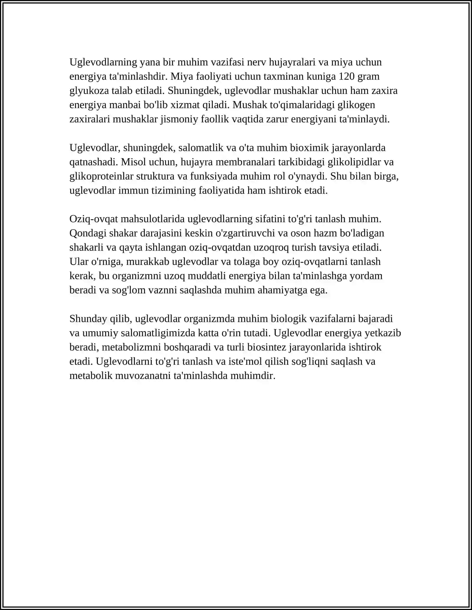 MUSTAQIL ISH Mavzu: UGLEVODLARNING ALMASHINUVI 4