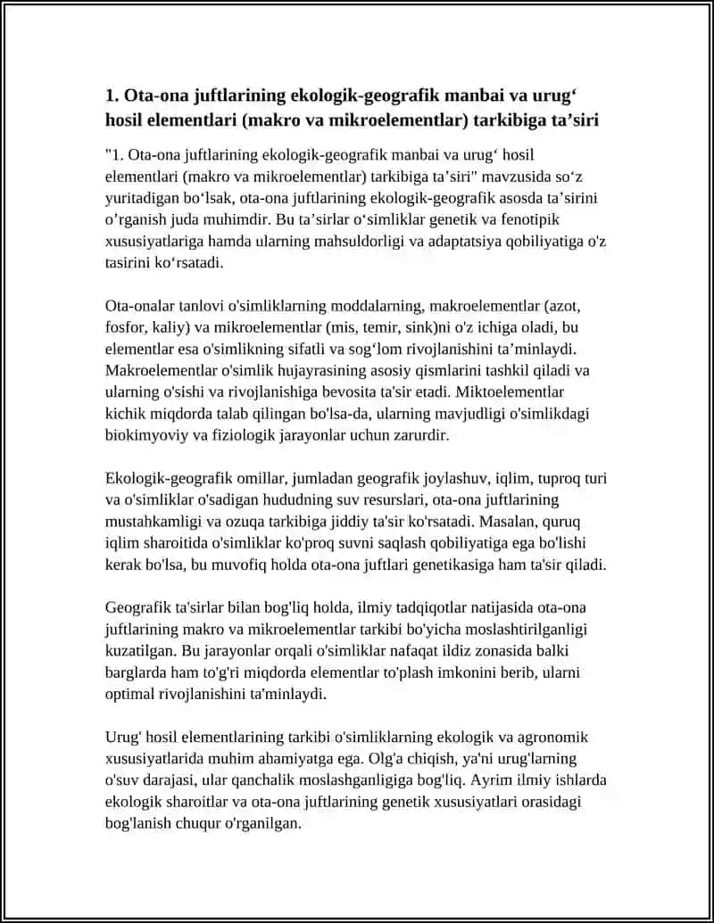 OTA- ONA JUFTLARINI EKOLOGIK GEOFRAFIK ASOSDA HOSIL ELEMENTLARINING TARKIBIGA VA AYRIM OʻSUV DAVRINING UZUN QISQALIGIGA 4