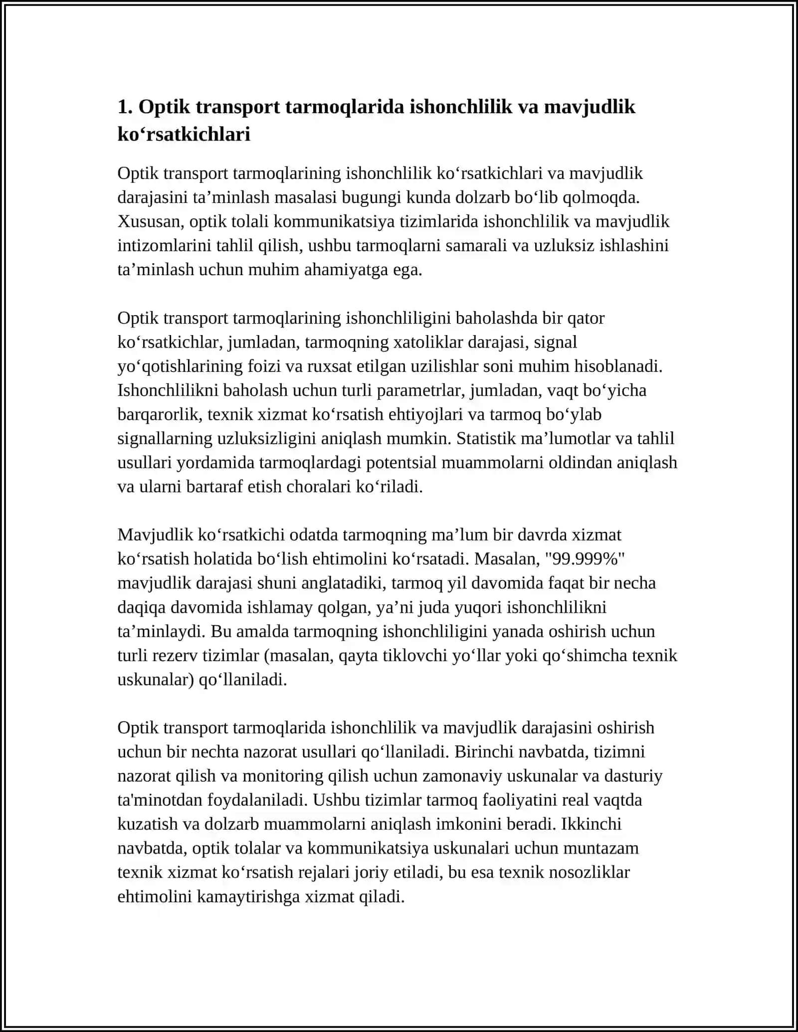 OPTIK TRANSPORT TARMOQLARINING ISHONCHLILIK KO‘RSATKICHLARI VA NAZORAT USULLARI 4
