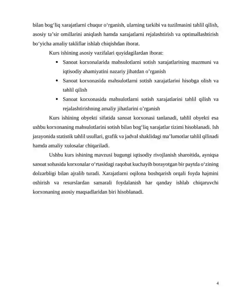 “Sanoat korxonalarida mahsulotlarni sotish xarajatlarini tahlil qilish va rejalashtirish” mavzusida ilmiy ish 4