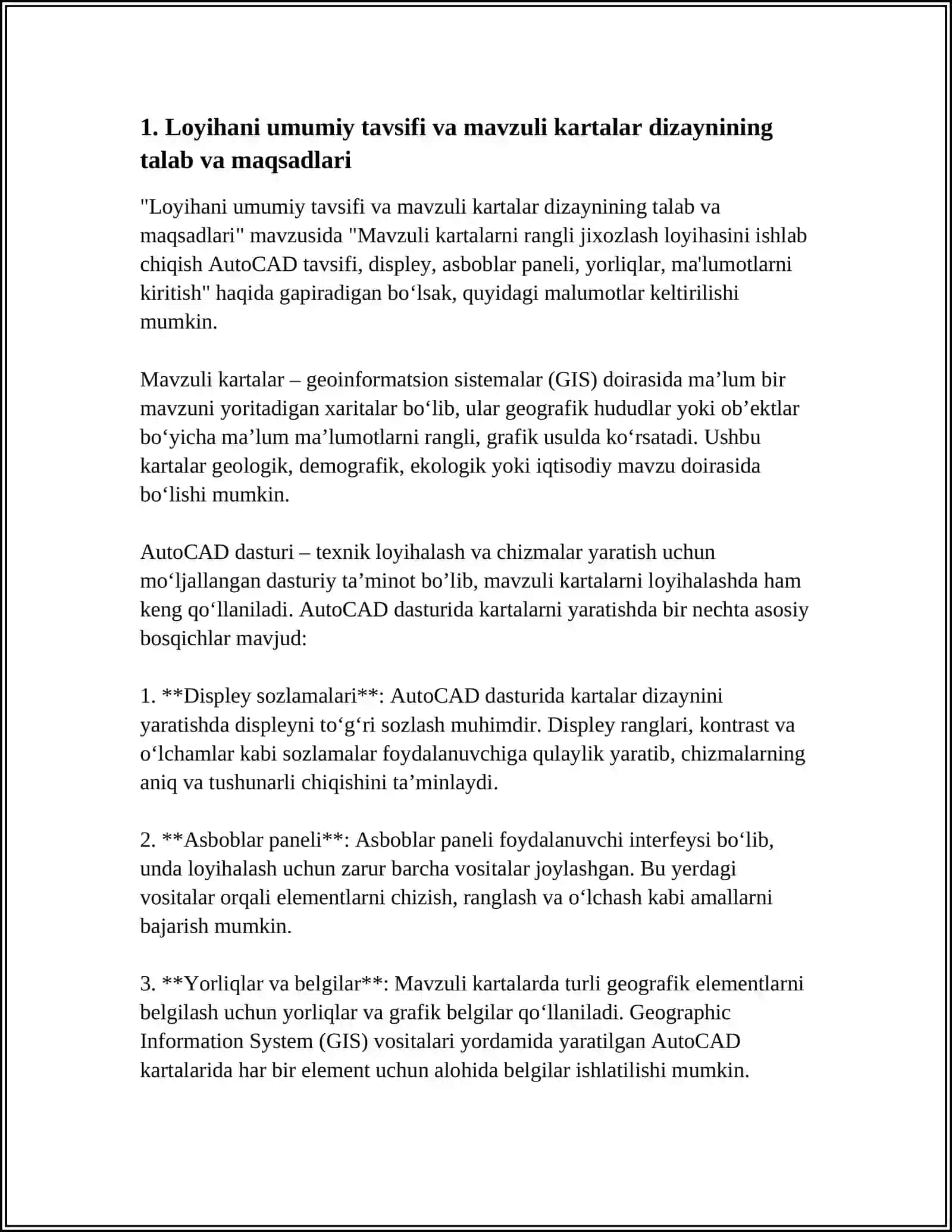 MAVZULI KARTALARINI RANGLI JIHOZLASH LOYIHASINI ISHLAB CHIQISH AUTOCAD TAVSIFI 4