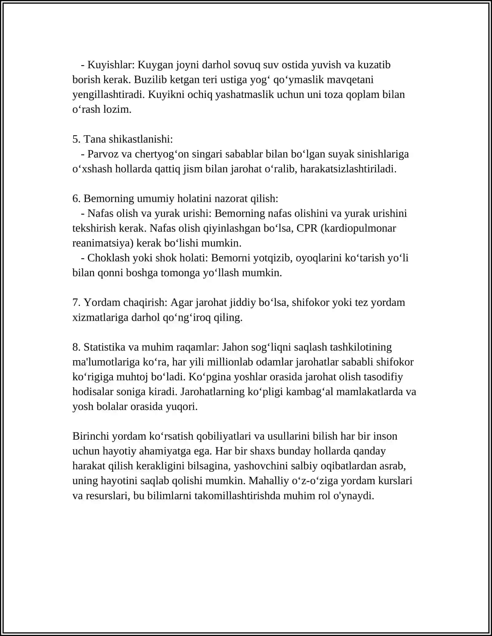 YARADOR BOLGANDA VA YOPIQ JAROHATLANISHLARDA 1-TIBBIY YORDAM KORSATISH 4