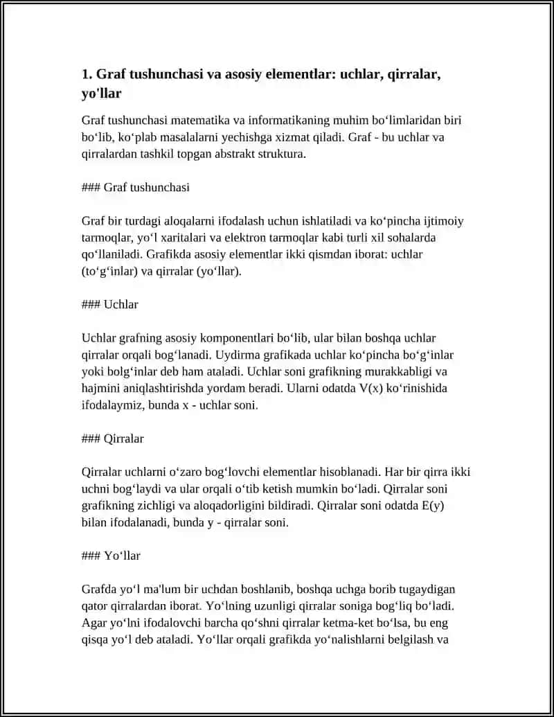 GRAFLAR NAZARIYASI ELEMENTLARI: GRAFLAR TURLARI; UCHLAR, QIRRALAR, YOYLAR; DARAXTLAR 4