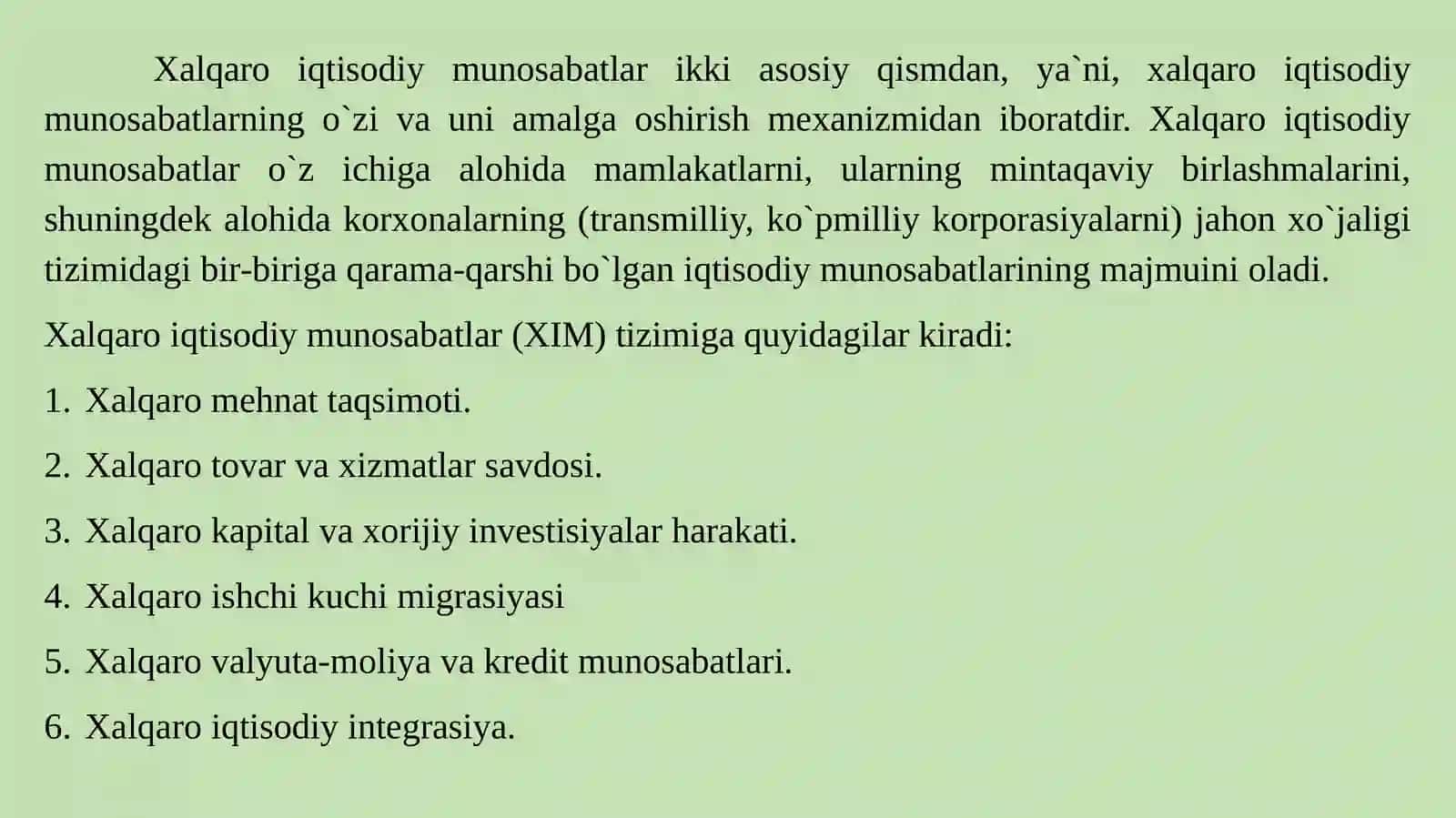 Jahon xo`jaligi va xalqaro iqtisodiy munosabatlar: asosiy ko`rinishlari va xususiyatlari. Xalqaro mеhnat taqsimoti 4