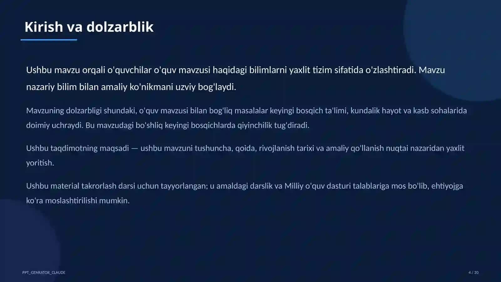 Dolzarb mavzular — maktab va o'qituvchilar (2026) — takrorlash darsi uchun 4