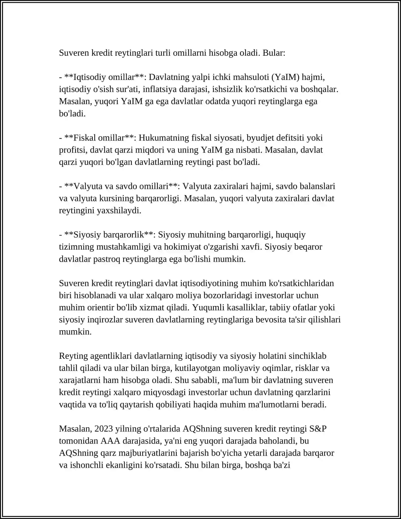 SUVERENT KIRIDIT REYTINGLARI HAQIDA TUSHUNCHA VA UNING XALQARO MOLIYA BOZORLARIDAGI QARZ JALP QILISHDAGI AHAMIYATI.REYTINGLARNI BAXOLASH METADALOGIYASI 4