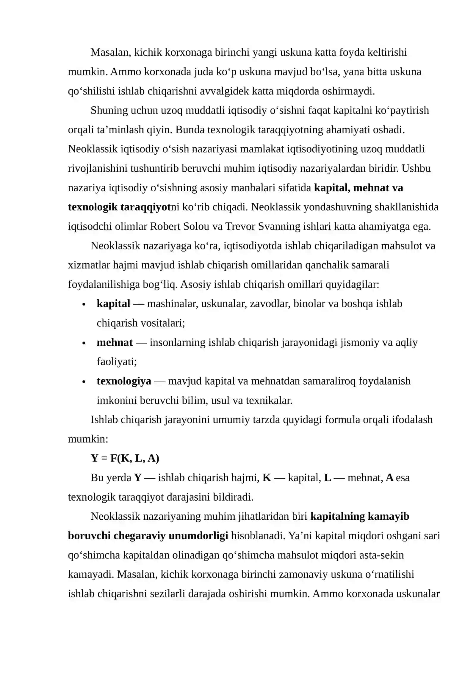 Neoklassik Iqtisodiy O‘sish Modellari va Texnologiya Omillari Solou Modeli Misolida 4
