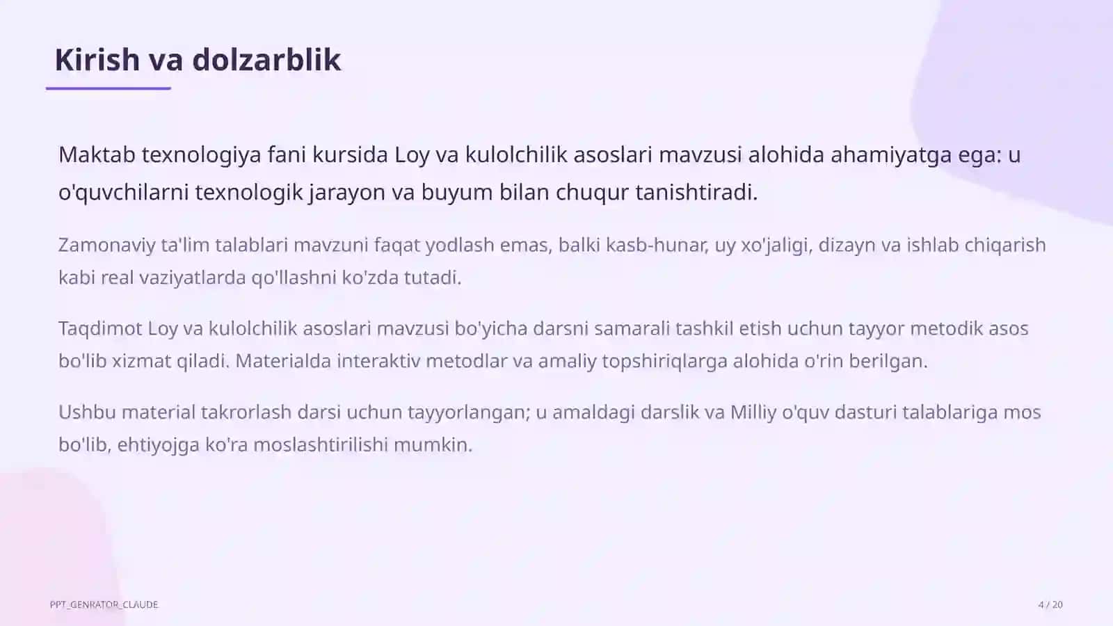 Loy va kulolchilik asoslari (4-sinf) 4