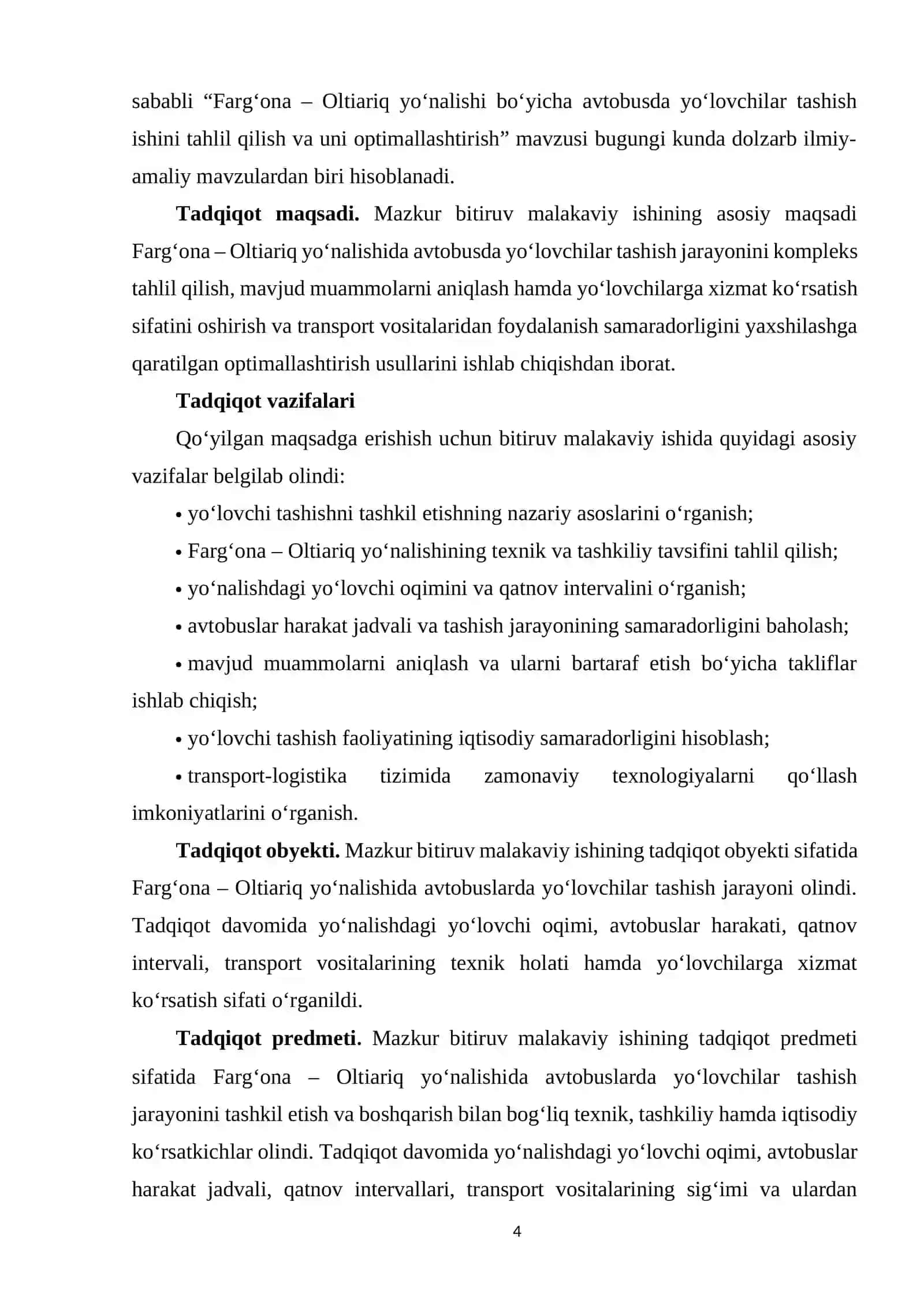 Farg‘ona – Oltiariq yo‘nalishi bo‘yicha avtobusda yo‘lovchilar tashish ishini tahlil qilish va uni optimallashtirish 4