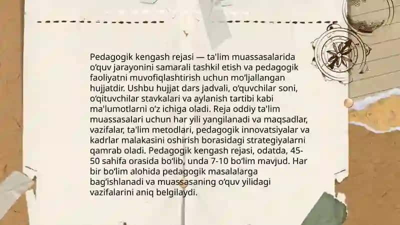 Umumiy o'rta talim muassasalari ish hujjatlari bilan tanishish va tahlil qilish (maktab ish rejalari pedagogik kengash metodik kengash sinf rahbar ish rejasi 4