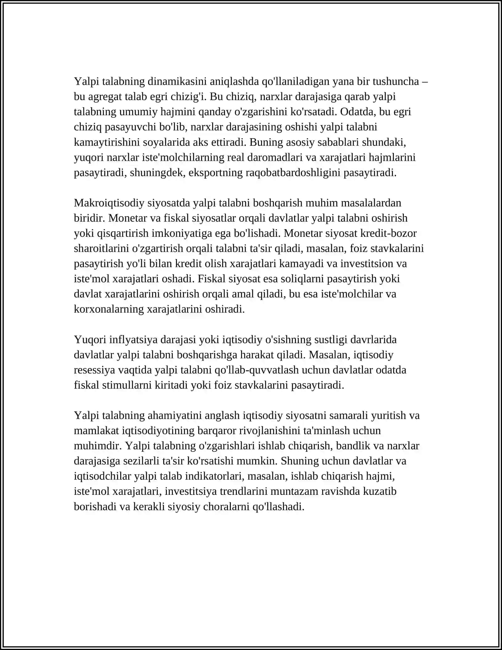 YALPI TALAB, YALPI TAKLIF, ULARNING TARKIBI VA ULARGA TA'SIR QILUVCHI OMILLAR 4