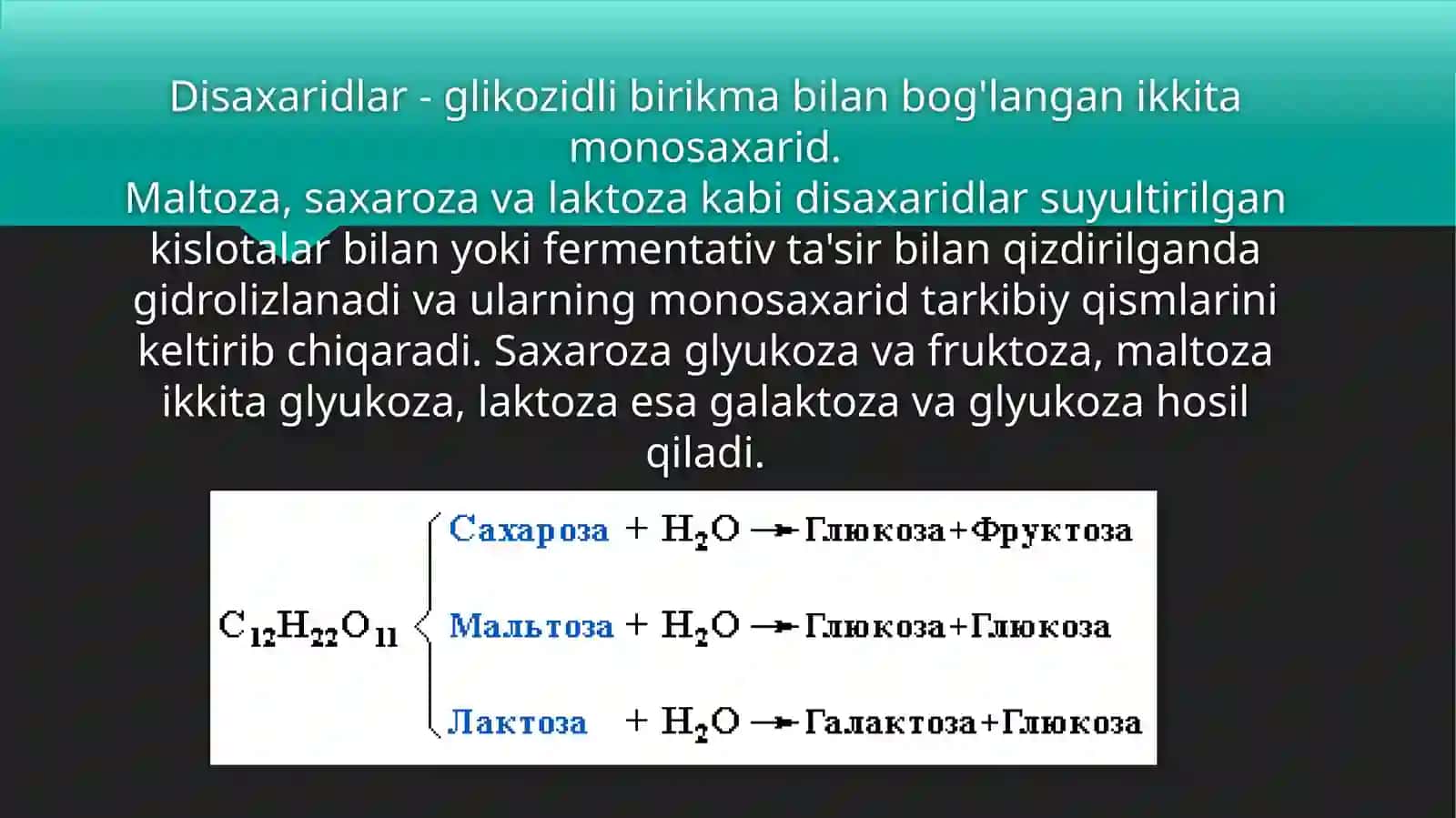Asosiy disaxaridlarning tarkibi, xususiyatlari va tabiatdagi tarqalishi (saxaroza, maltoza, laktoza, tsellobioza) 4