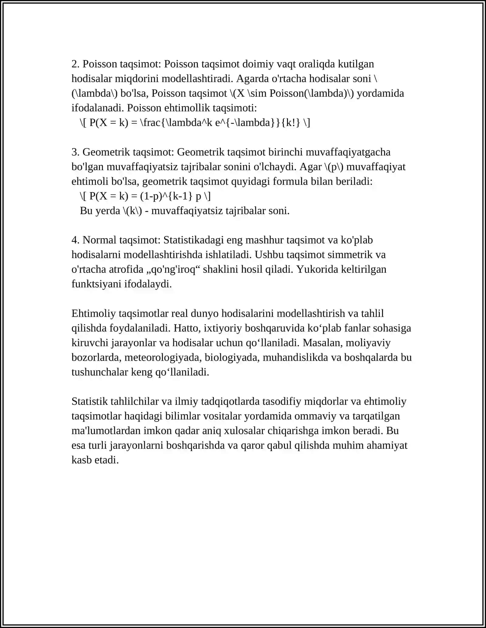EHTIMOLLAR TAQSIMOTING ZICHLIK FUNKSIYASI. TASODIFIY MIQDORLARNING MATEMATIK MODELLARI 4