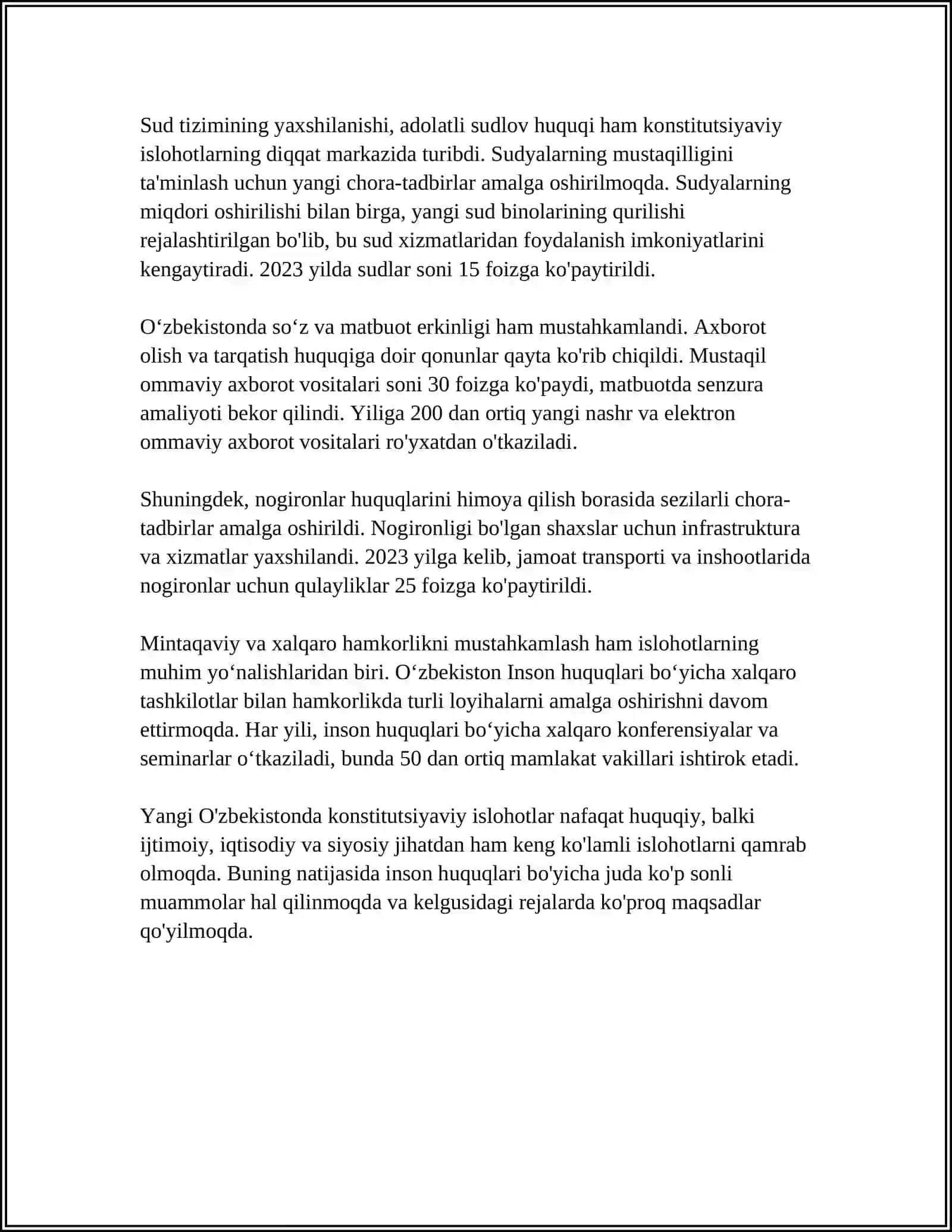YANGI OʻZBEKISTONDA INSON HAQ HUQUQLARINI VA ERKINLIKLARI KAFOLATINING YARATILISHI 4
