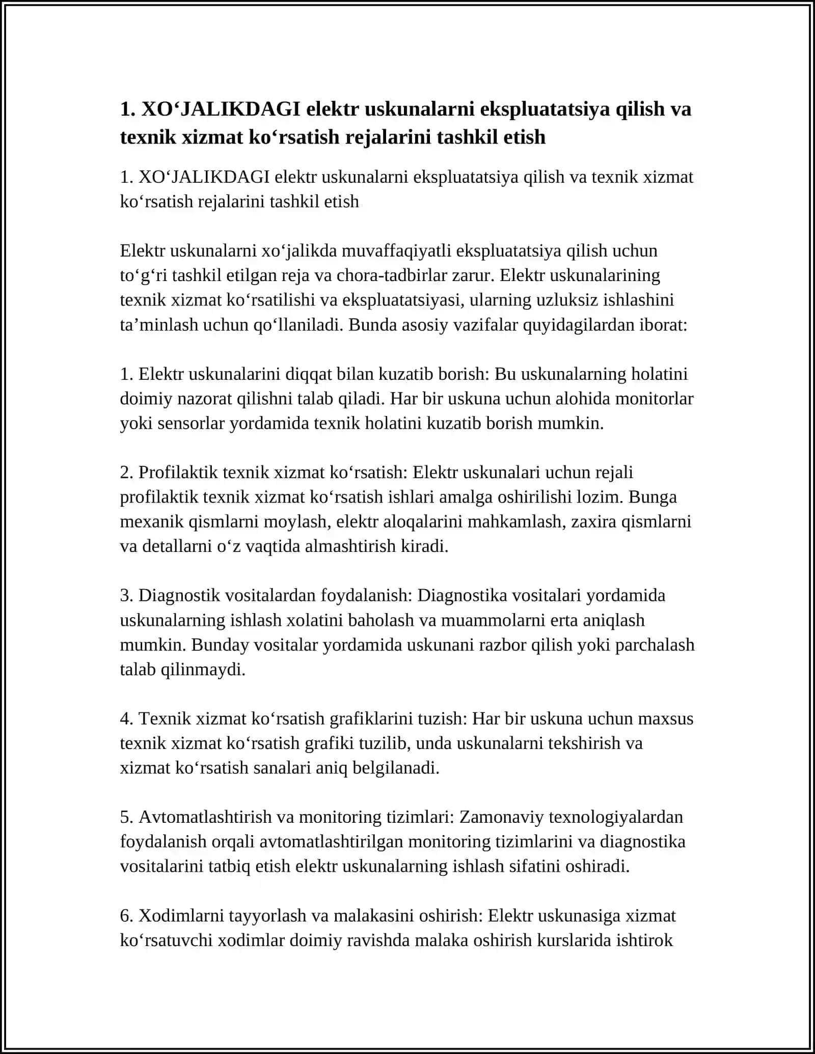 XO‘JALIKDAGI ELEKTR USKUNALARDAN FOYDALANISH VA TA’MIRLASHNI TASHKIL ETISH 4
