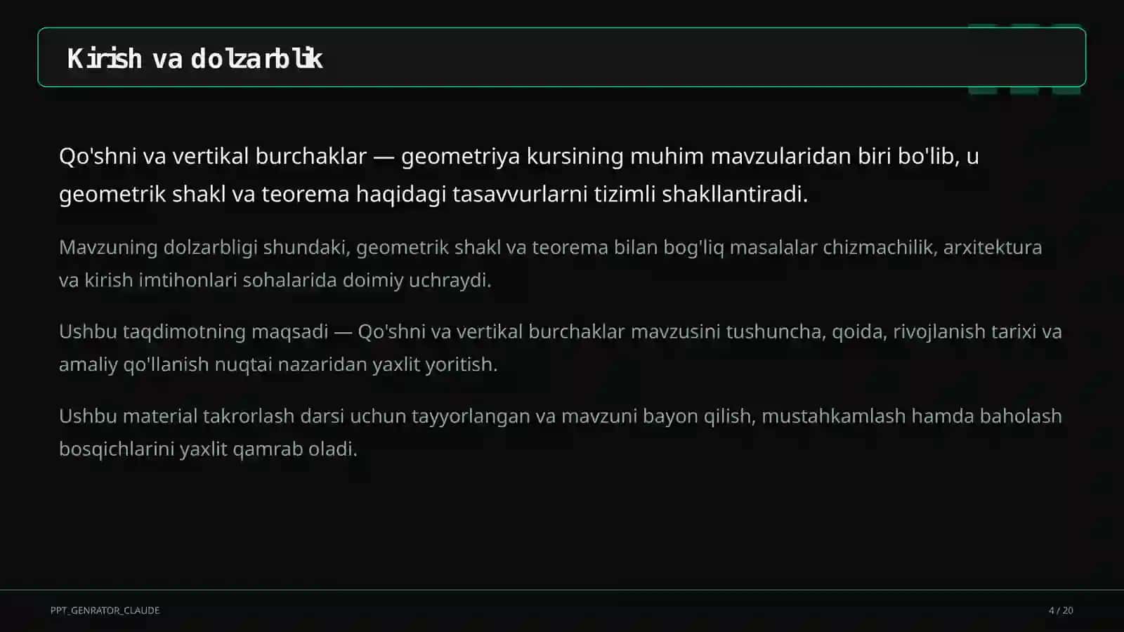 Qo'shni va vertikal burchaklar (7-sinf) 4