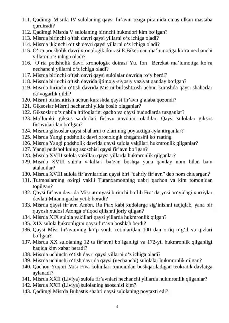 Jahon (Qadimgi Sharq) tarixi bo‘yicha nazorat uchun taxminiy savollar 4