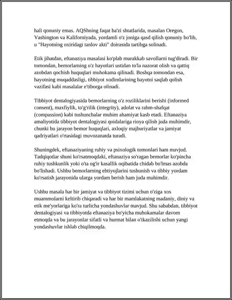 Tibbiyot Dentalogiyasi va Tibbiyotda Eftanaziya: Etik Muammolar 4