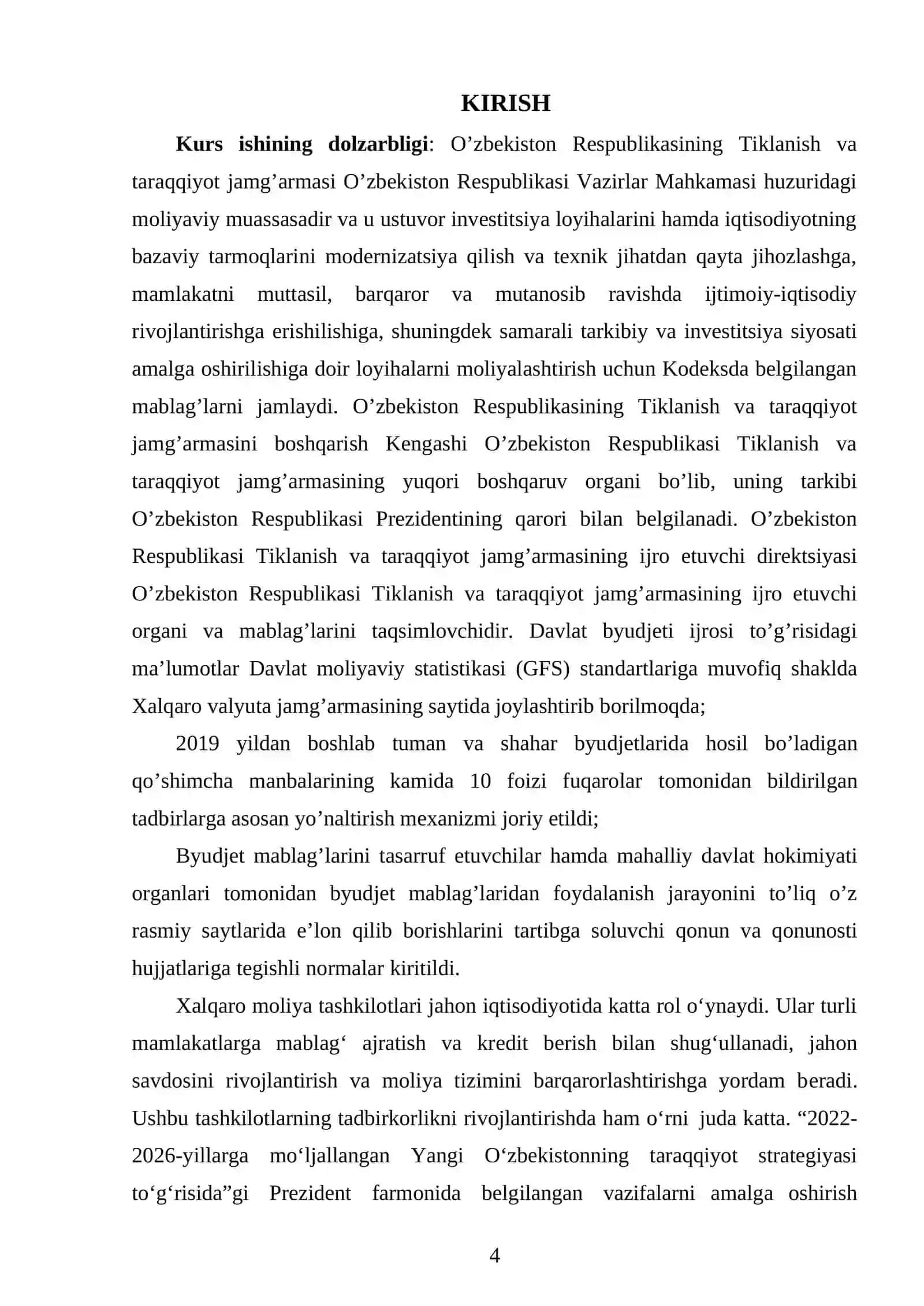 Milliy budjet tizimida O’zbekiston Respublikasi Tiklanish va taraqqiyot jamg’armasining o’rni va ahamiyati mavzusida kurs ishi 4