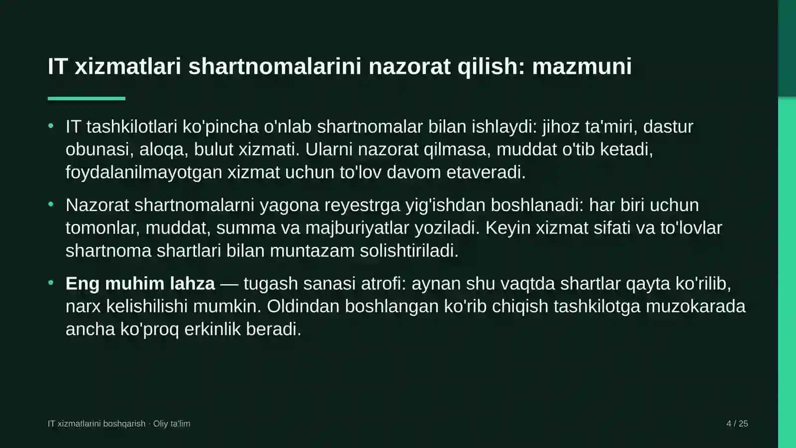 yuridik firmalarda axborot texnologiyalari xizmatlari bo'yicha shartnomalarni nazorat qilish 3490 4