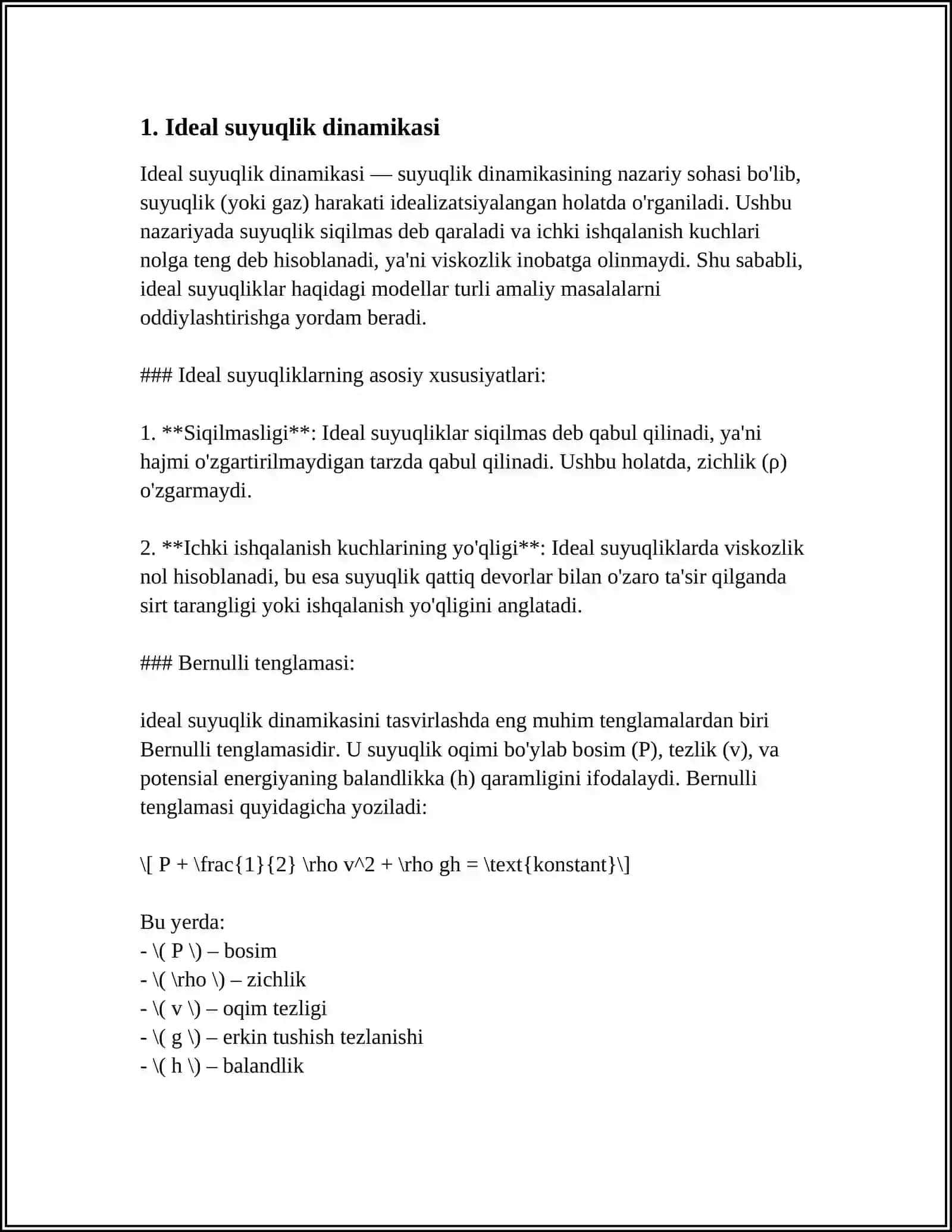Ideal va yopishqoq suyuqlik siqilmaydigan suyuqlik girostatikasi ideal suyuqlikning statik vazni orqali aniqlash 4