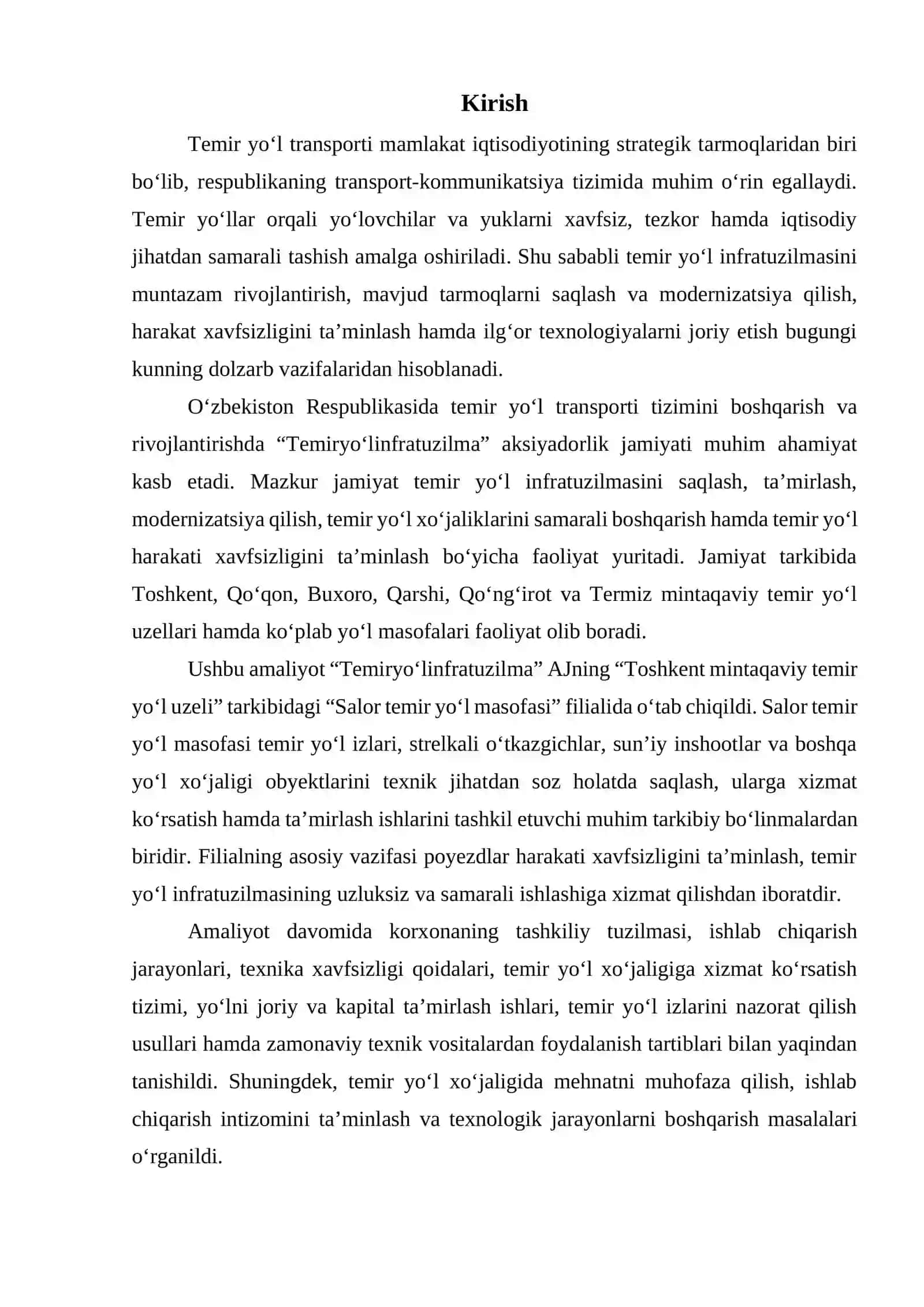 ISHLAB CHIQARISH AMALIYOTI BO’YICHA HISOBOT “TEMIRYO‘LINFRATUZILMA” AJ, “TOSHKENT MINTAQAVIY TEMIR YO‘L UZELI”, “SALOR TEMIR YO‘L MASOFASI” FILIALI 4