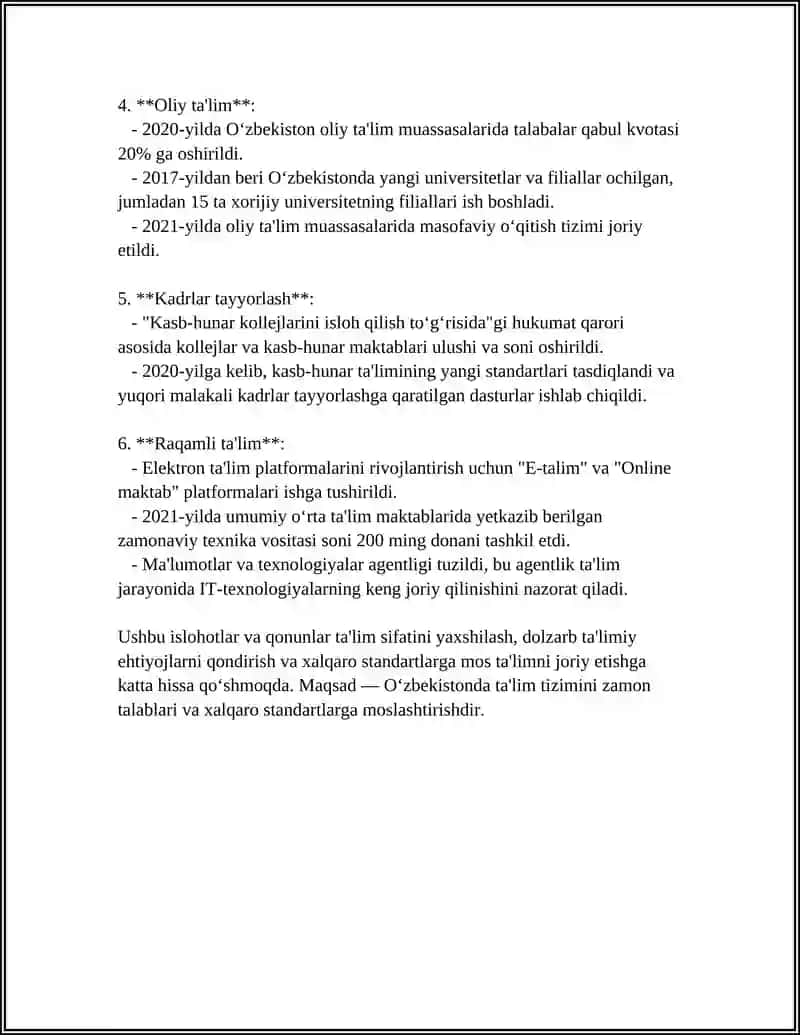 O‘ZBEKISTON RESPUBLIKASIDA TA'LIM SOHASIDA AMALGA OSHIRILGAN ISLOHOTLAR 4
