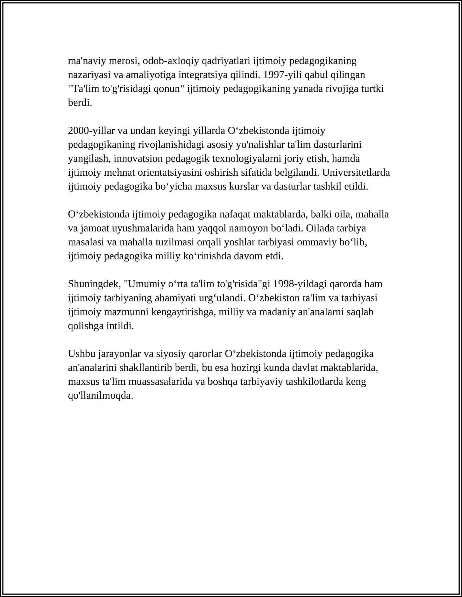 O'ZBEKISTONDA IJTIMOIY PEDAGOGIKA VA PEDAGOGIK SOTSIOLOGIYA FANINING PAYDO BO'LISHINING MADANIY, TARIXIY, IJTIMOIY HUQUQIY SHART SHAROITLARI 4