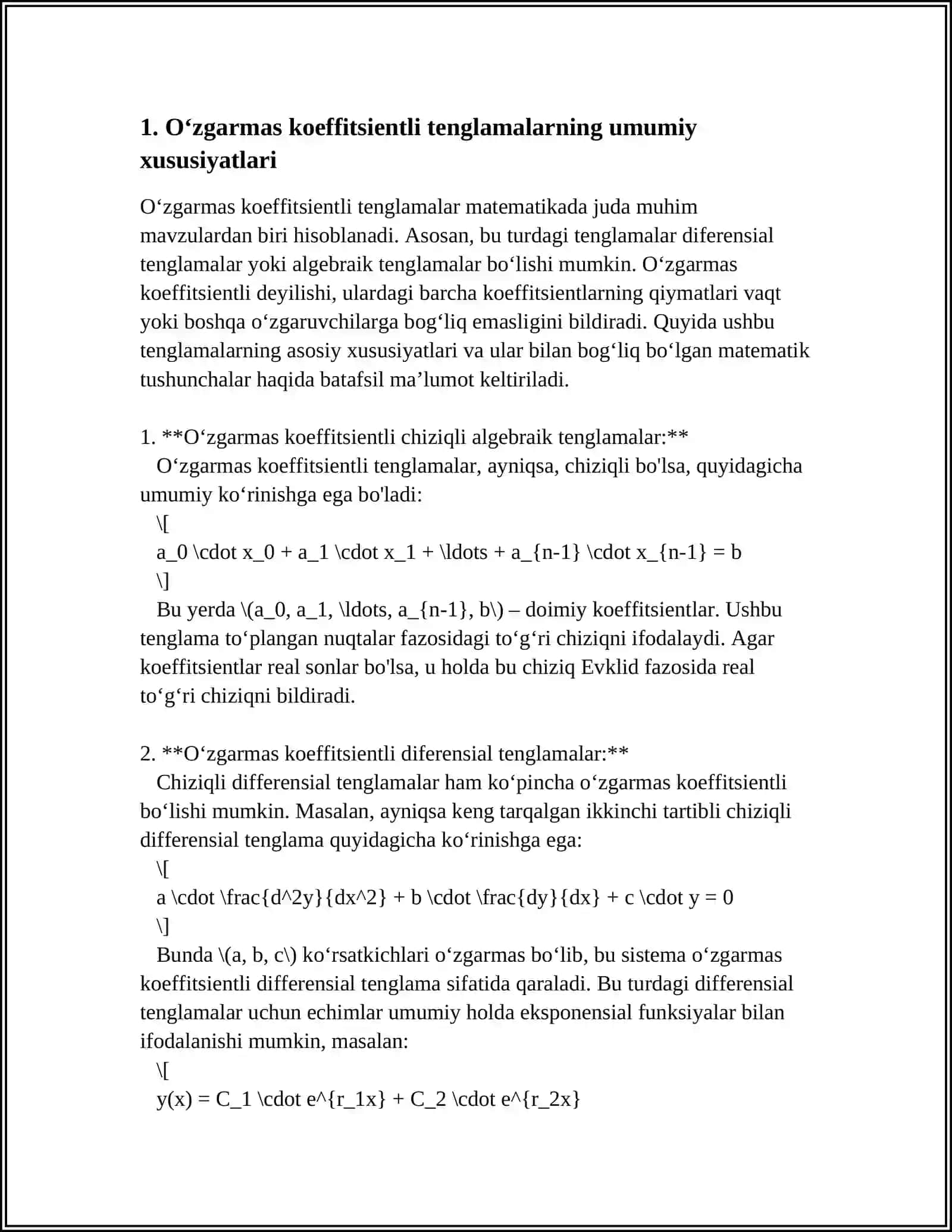 OʻZGARMAS KOEFFISIENTLI YUQORI TARTIBLI CHIZIQLI BIR JINSLI DIFFERENTSIAL TENGLAMALAR 4