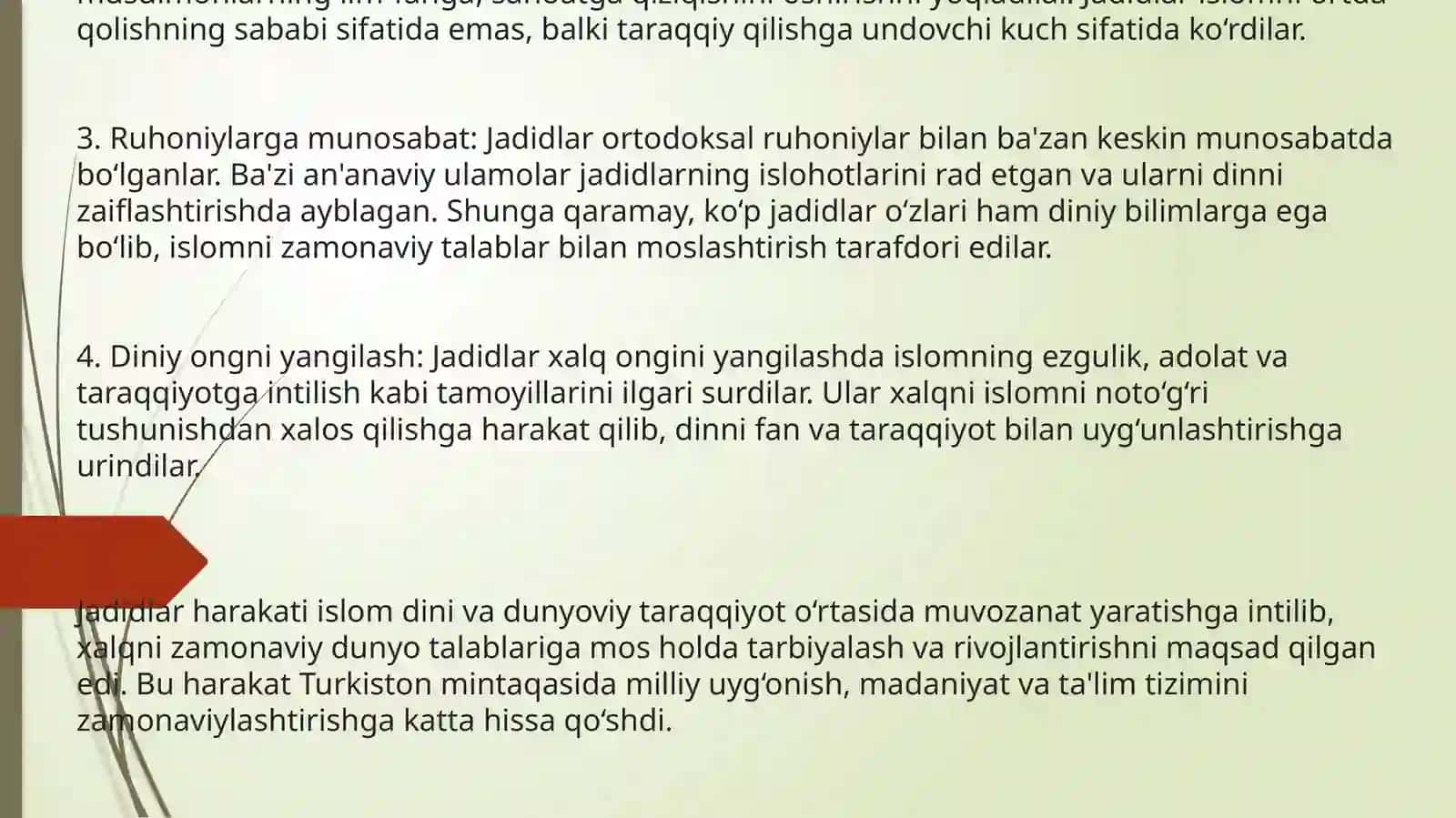 Jadid ma’rifatparvarlarining o’lka ijtimoiy-ma’naviy hayotda tutgan o’rni. 4