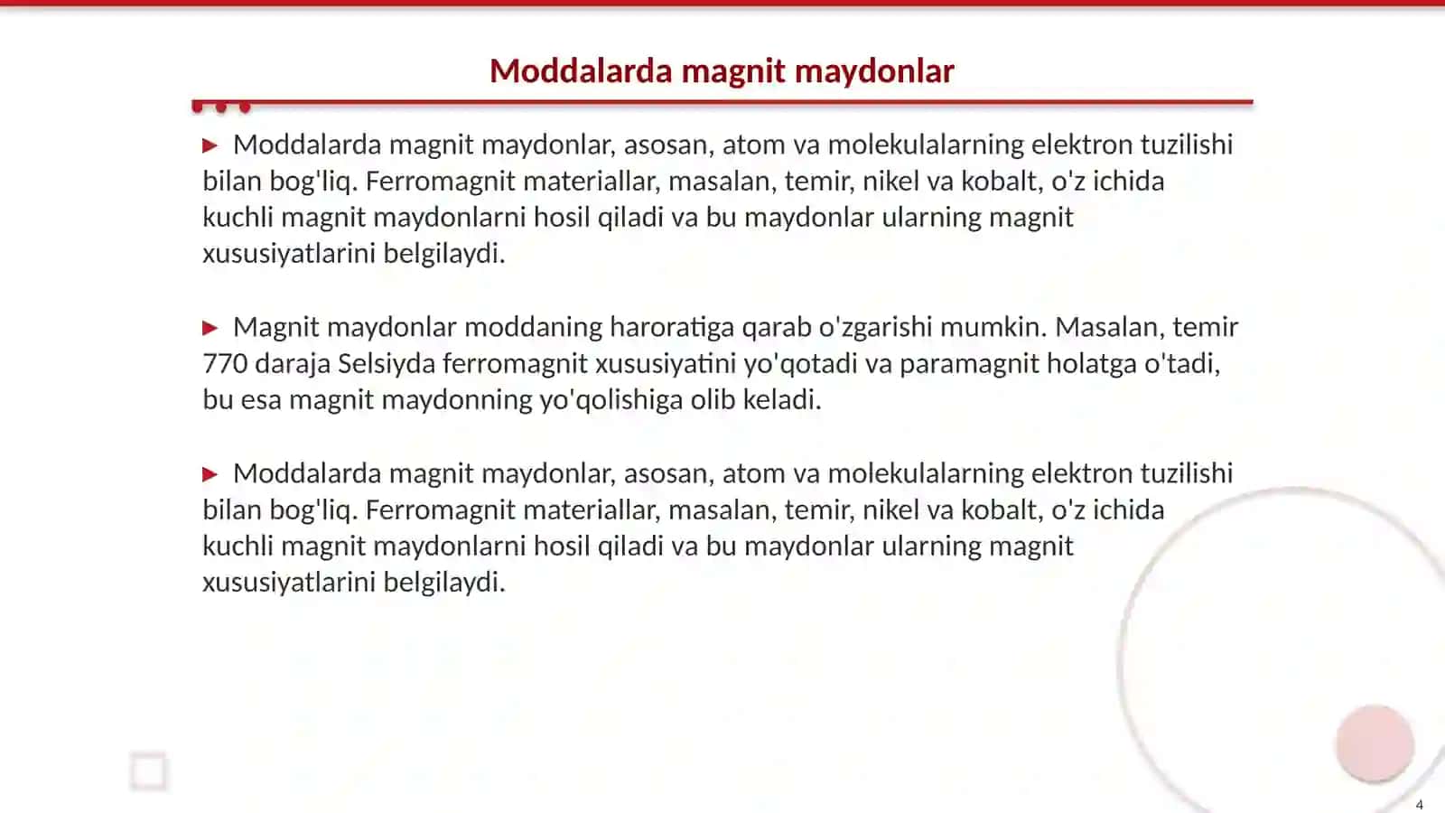 Moddadagi magnit maydon. Molekulyar toklar Teshaboyev Muhammadjon 4