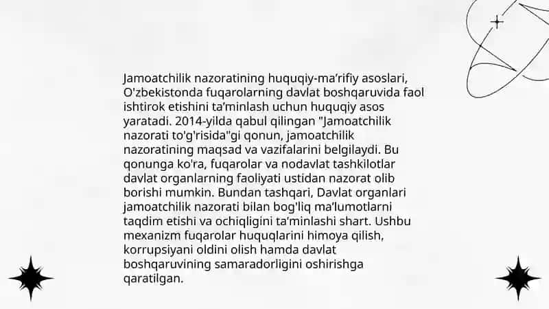 Oʼzbekiston respublikasida davlat organlarining ochiqligi shaffofligi va jamoatchilik nazoratining huquqiy maʼrifiy asoslari dessirtatsiya Mavzusiga ilmiy tatqiqot ishi 4