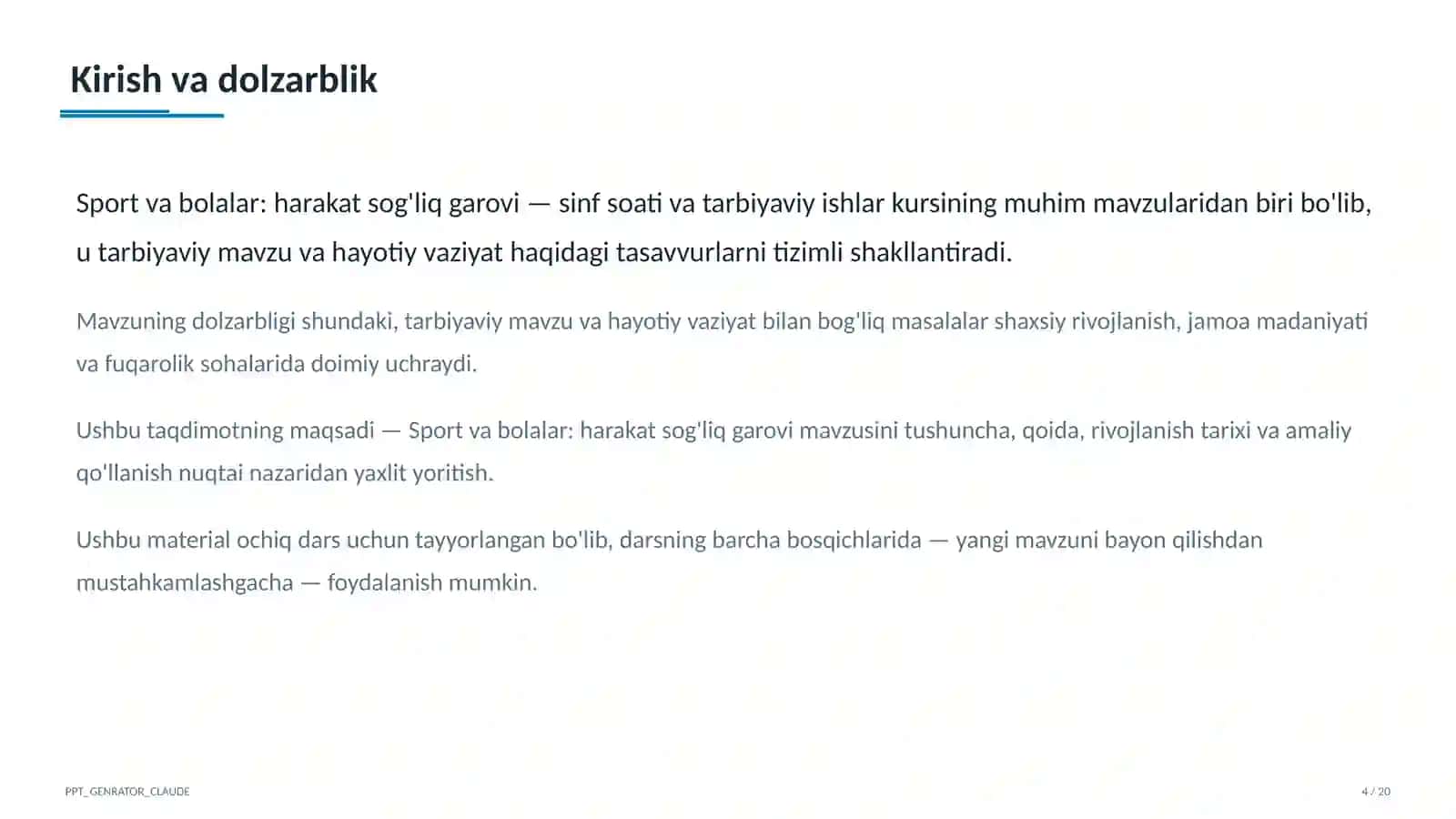 Sinf soati va tarbiyaviy tadbirlar (1–11) — ochiq dars uchun 4