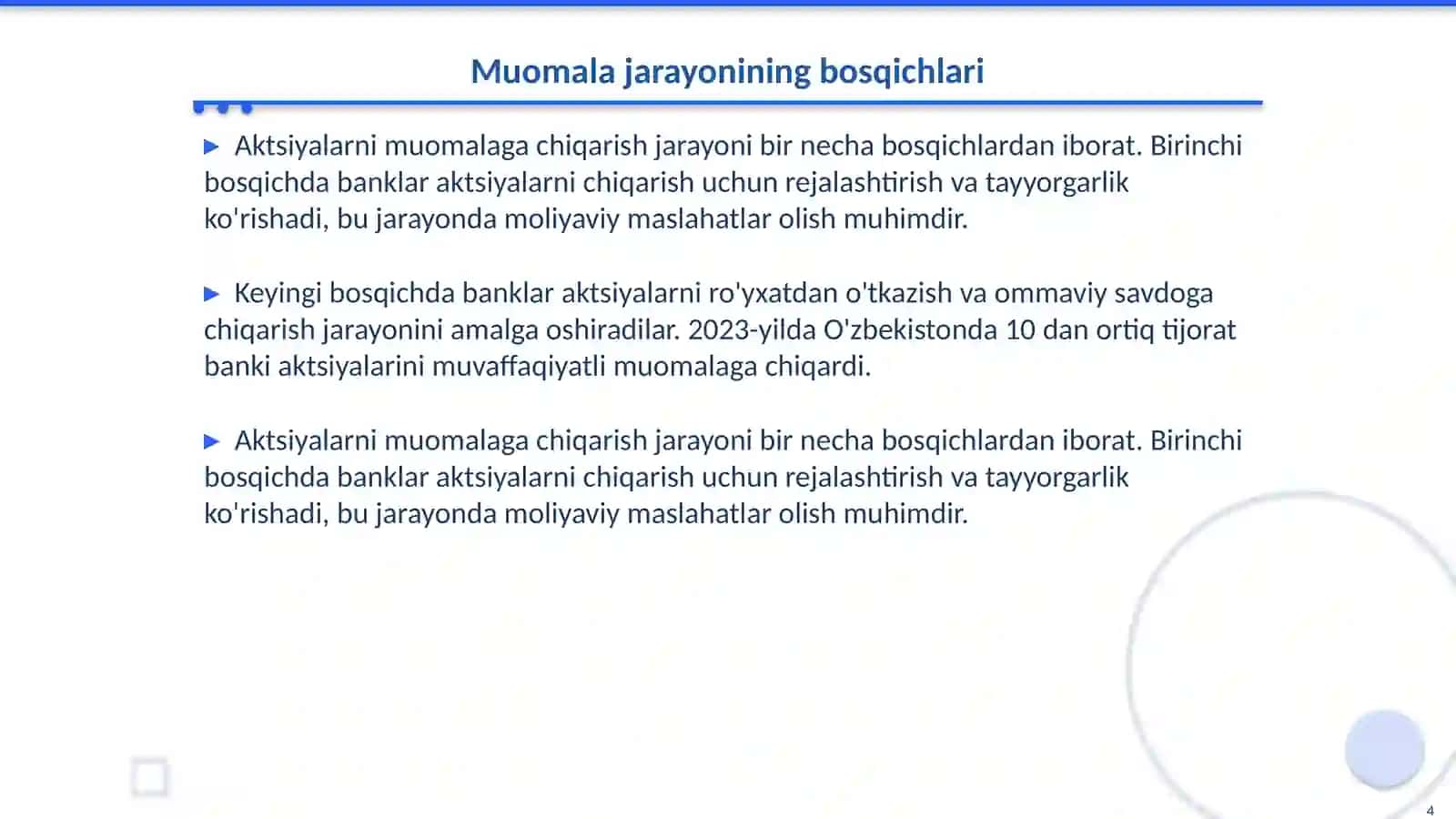 Tijorat banklari tomonidan o'z aktsiyalarini muomalaga chiqarish va ularning hisobi 4
