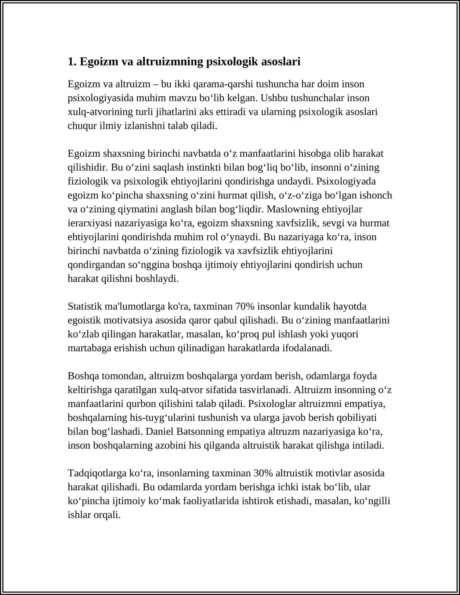 EGOIZM, ALTURISTIK HOLATIDAGI O‘Z-O‘ZINI BOSHQARISH. M.YA.FENOMENOV BOLALAR VA O'SMIRLAR SUITSIDINI O‘RGANISH YO‘LLARI 4