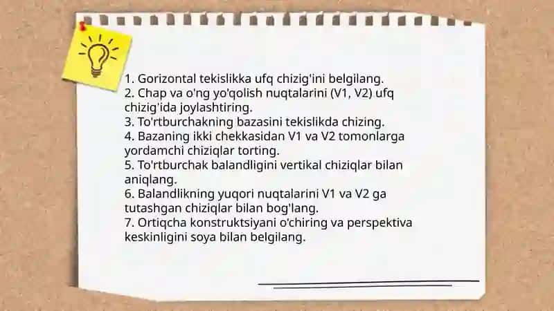 Tekis shakl gorizontal vertikal va og'ma vaziyatdagi tórt burchak kóp burchak aylanalarning perspiktevasini yasash 4