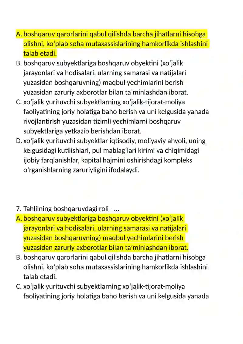 moliyaviy tahlil test javoblari 4