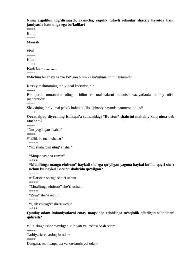 UMUMTA’LIM MAKTABLARIDA TARBIYA FANINI O‘QITISH METODIKASIDAN TEST SAVOLLARI 4
