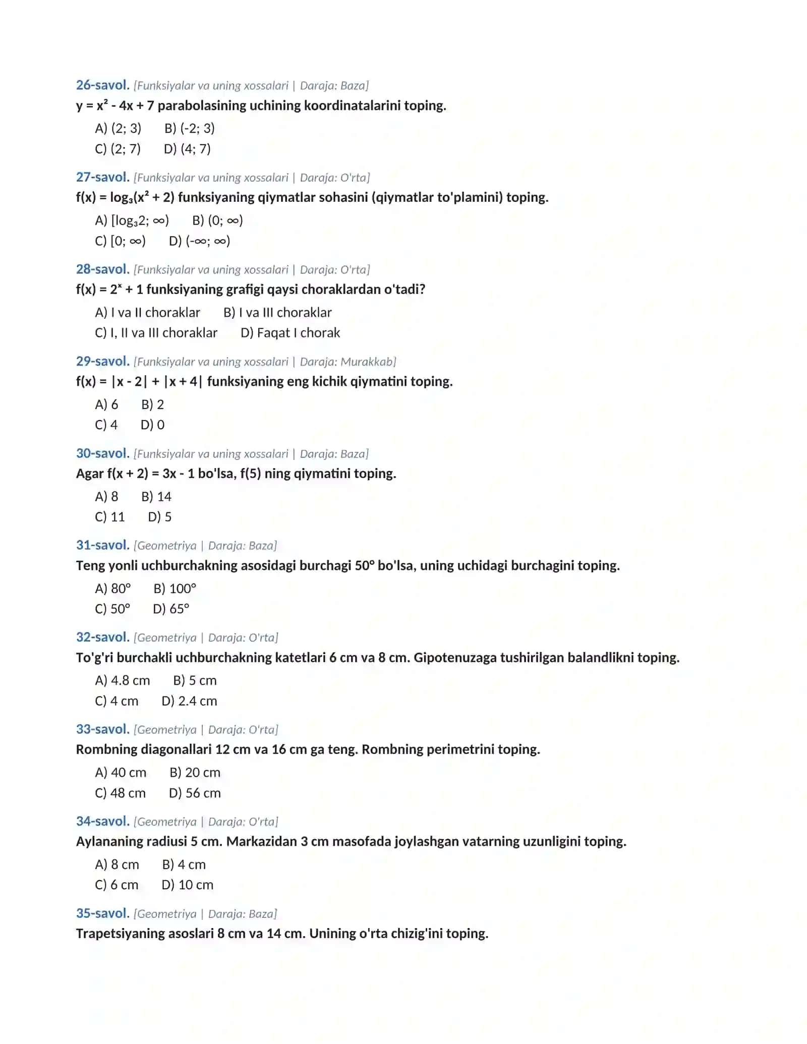 MATEMATIKADAN MILLIY SERTIFIKAT VA ATTESTATSIYA IMTIHONI BO'YICHA NAMOUNAVIY TEST SINOVI 4