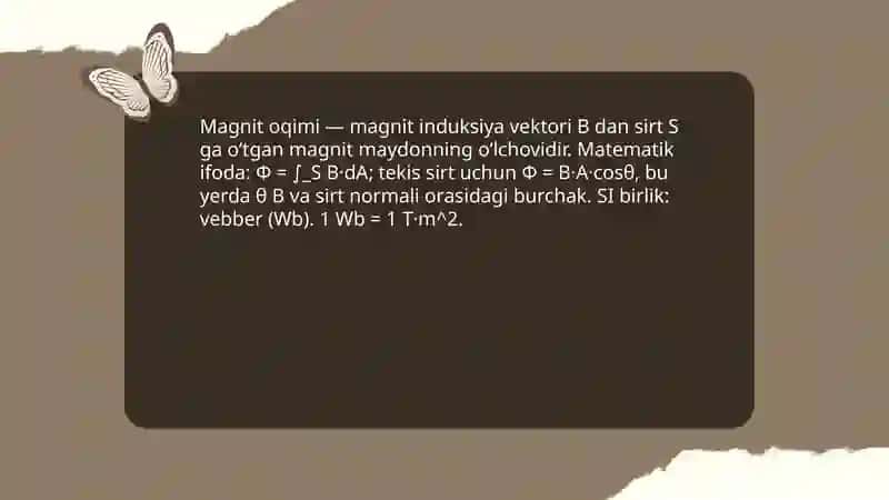 Faradey elektromagnit induksiya qonuni. Induksiya EYUK. Induksiya EYuK ni hisoblash. O‘zaroinduksiya. O‘zinduksiya. Zanjirdagi tokning qaror topishi va yo‘qolishi. Magnit maydon energiyasi. 4