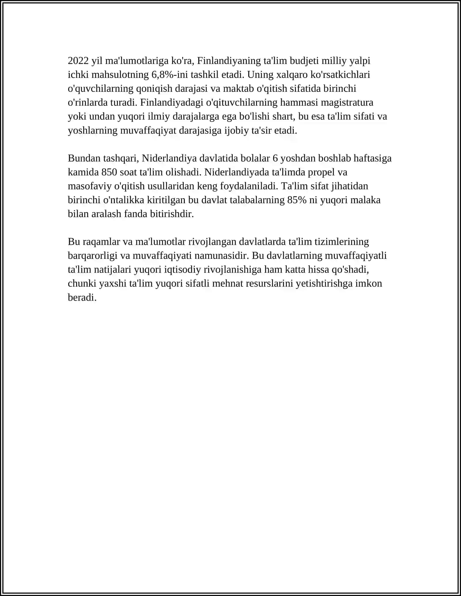 IQTISODIY RIVOJLANGAN DAVLATLAR TAʼLIM TIZIMI VA ULARNING OʻZIGA XOSLIKLARI. MUSTAQIL OʻZBEKISTONDA TAʼLIM SOHASIDA AMALGA OSHIRILGAN ISLOHOTLAR 4