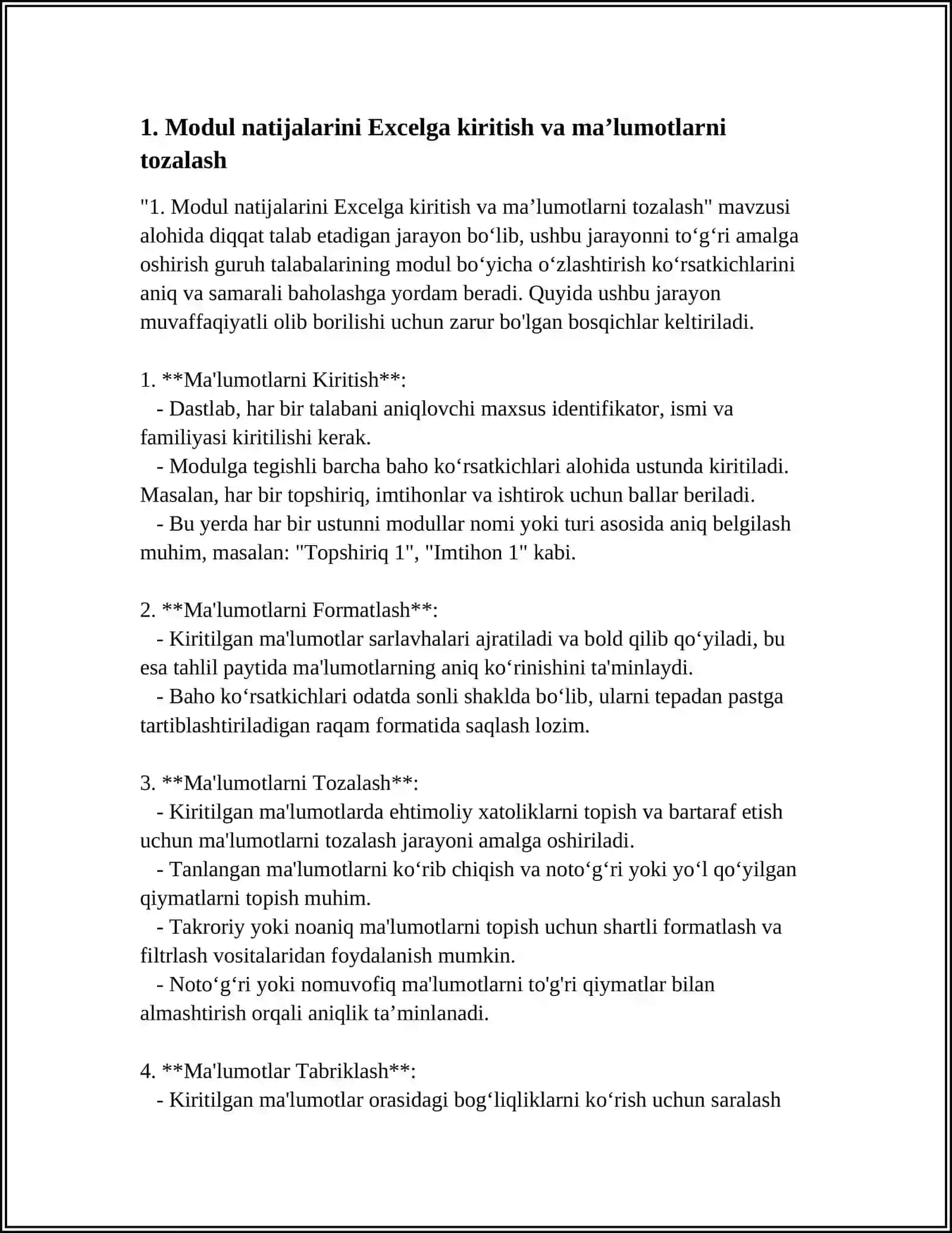 EXCEL DASTURIDA GURUH TALABALARINING MODUL BOʻYICHA OʻZLASHTIRISH KOʻRSATKICHI SIFAT KOʻRSATKICHLARINI HISOBLASH VA JADVAL TUZISH NATIJALAR ASOSIDA DIAGRAMMALAR YARATISH 4